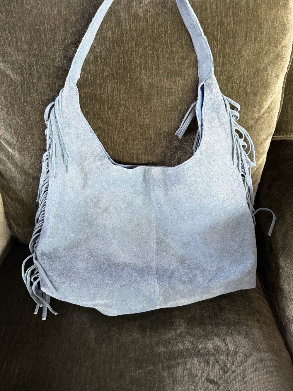 Haute Hippie Pale Blue Suede Shoulder Hobo with Fringe - Picture 2 of 4